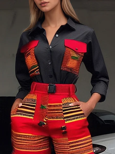 

Cotton Casual Color Block Buttoned Shirt, Red, Blouses and Shirts