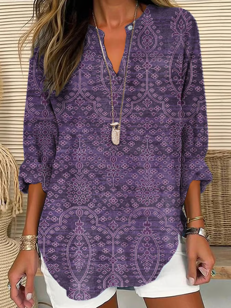 

Women Floral Long Sleeve Blouse Spring/Fall Printing V Neck Daily Casual Top, Purple, Shirts