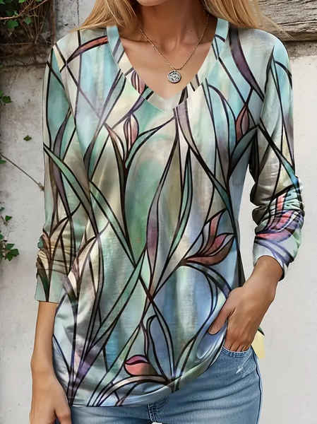 

Casual Abstract V Neck Long Sleeve T-shirt, Green, T-shirts