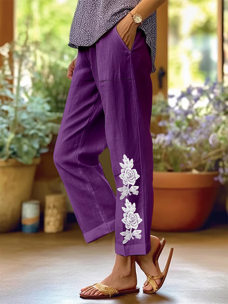 

Women Floral Long Pants Casual Spring/Fall Trousers, Purple, Pants