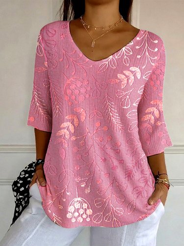 

Vintage Floral Crew Neck Long Sleeve T-shirt, Pink, T-shirts