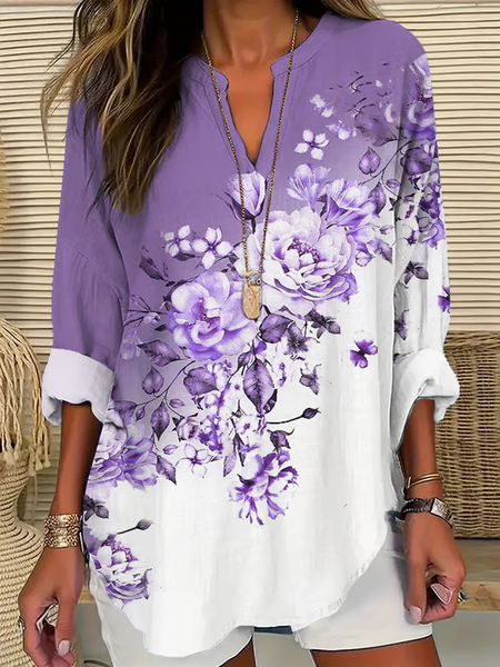 

Women Floral Long Sleeve Blouse Spring/Fall Printing V Neck Daily Casual Top, Purple, Shirts