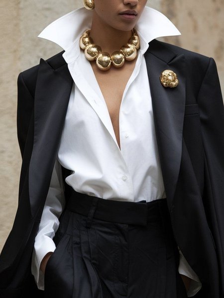 

Cotton Urban Plain Buttoned Shirt Collar Shirt, White, Blouses and Shirts