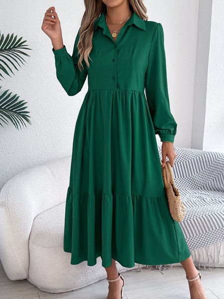 

Women Plain Spring/Fall Dress Shirt Collar Long Sleeve A-Line Dress, Darkgreen, Maxi