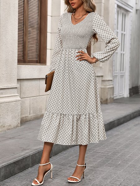 

Women Geometric Spring/Fall Dress V Neck Long Sleeve A-Line Dress, Flower, Maxi