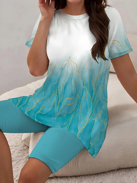 

Women Abstract Printing Two-Piece Set Daily Short Sleeve Casual Summer Top With Pants Matching Set, Green, Suit Set