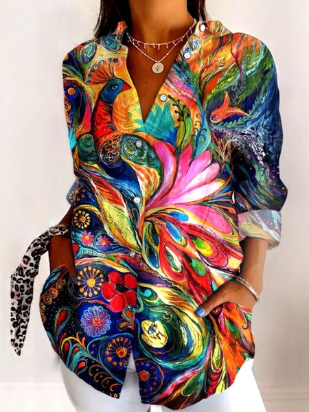 

Women's Shirt Cotton Button Up Peacock Art Print Basic Blouse Casual Long Sleeve Shirt Collar Daily Top, Multicolor, Shirts