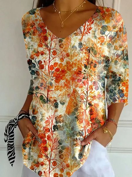 

Vintage Painting V Neck Three Quarter Sleeve T-shirt, Orange, T-shirts