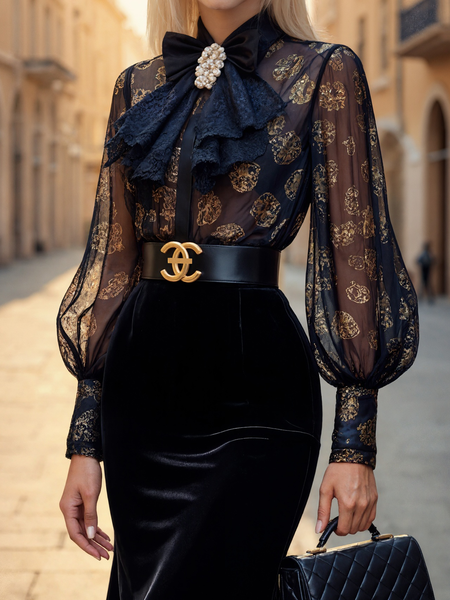 

Elegant Geometric Printing Stand Collar Shirt, Black, Blouses and Shirts