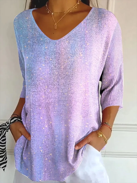 

Casual Abstract V Neck Three Quarter Sleeve T-shirt, Purple, T-shirts