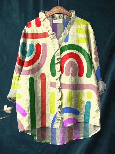 

Women Geometric Long Sleeve Shirt Spring/Fall Printing Lotus Leaf Collar Daily Vintage Top, Color19, Blouses