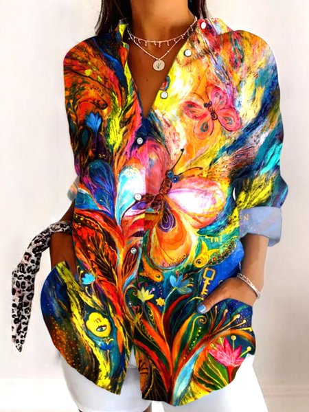

Women's Shirt Cotton Button Up Butterfly Floral Art Print Basic Blouse Casual Long Sleeve Shirt Collar Daily Top, Multicolor, Shirts