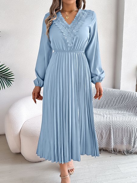 

Women Plain Spring/Fall Dress V Neck Long Sleeve A-Line Dress, Sky blue, Maxi