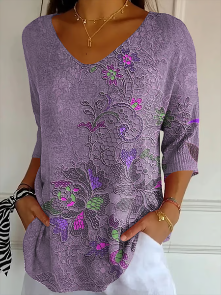 

Women Floral Three Quarter Sleeve Tee T-shirt V Neck Printing Casual Spring/Fall Graphic Tee Top, Purple, T-Shirts