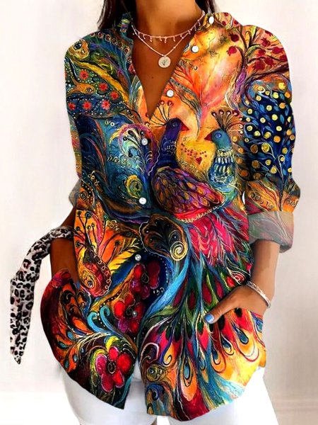 

Women's Shirt Cotton Button Up Peacock Art Print Basic Blouse Casual Long Sleeve Shirt Collar Daily Top, Multicolor, Shirts