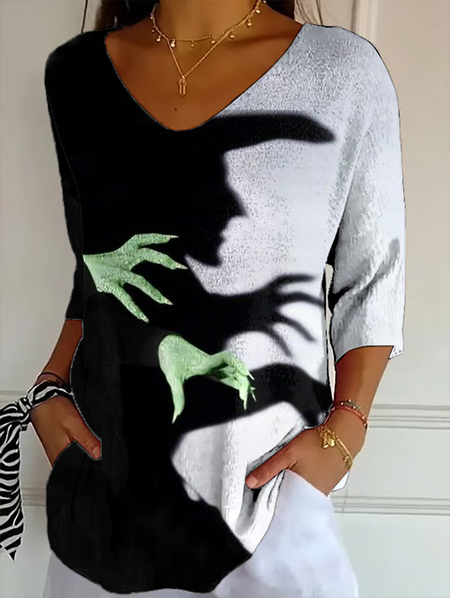 

Women Halloween Three Quarter Sleeve Tee T-shirt V Neck Vintage Spring/Fall Top, Color1, T-Shirts