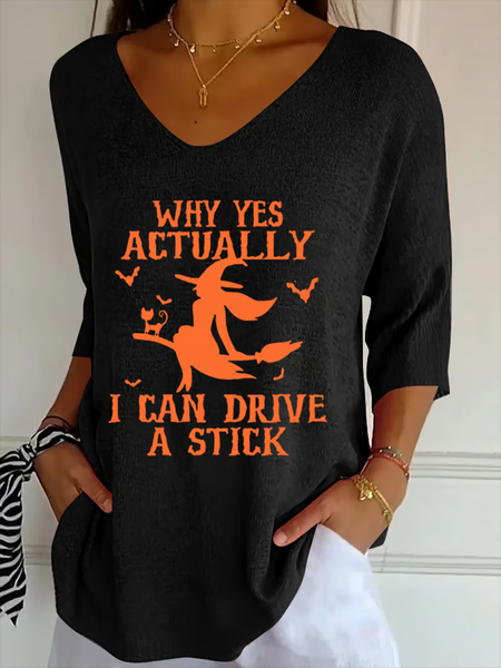 

Women Halloween Shirt Yes I Can Drive a Stick Three Quarter Sleeve V Neck Fall Top, Black, T-Shirts