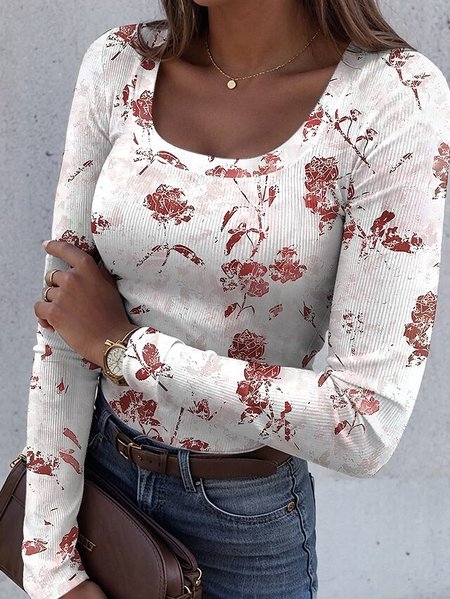 

Casual Floral U-Neck Long Sleeve T-shirt, Coffee, T-shirts