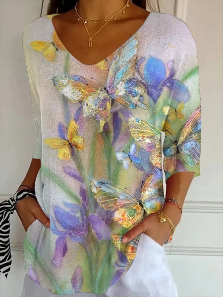 

Casual Floral V Neck Three Quarter Sleeve T-shirt, As picture, T-shirts