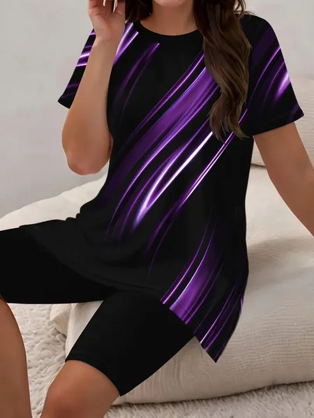 

Women Abstract Printing Two-Piece Set Daily Short Sleeve Casual Summer Top With Pants Matching Set, Black, Sets