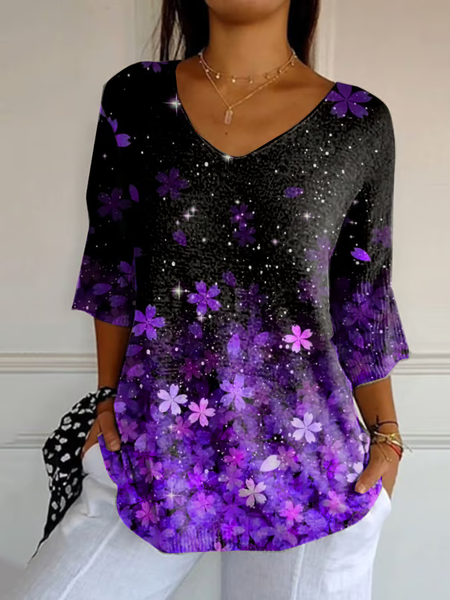 

Casual Floral V Neck Three Quarter Sleeve T-shirt, Purple, T-shirts