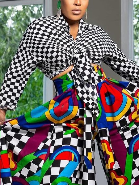 

Urban Plaid Printing Shirt Collar Raglan Sleeves Shirt, Black-white, Blouses and Shirts
