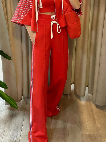 

Casual Color Block Buttoned Straight Pants, Red, Pants