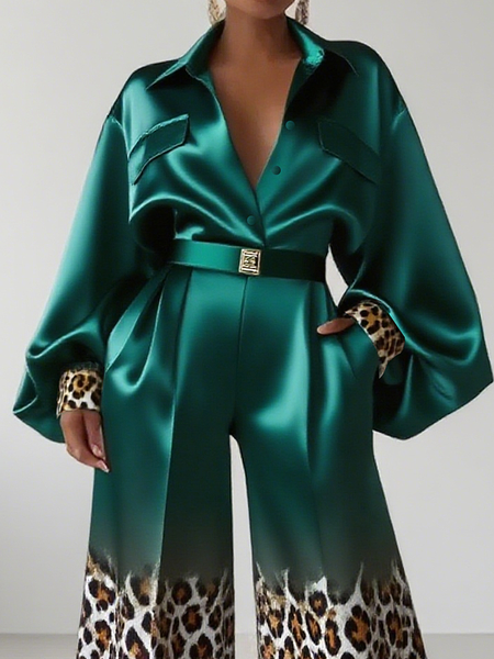 

Satin Urban Leopard Shirt Collar Balloon Sleeve Shirt, Green, Blouses and Shirts
