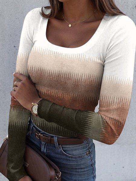 

Casual Striped U-Neck Long Sleeve T-shirt, Khaki, T-shirts