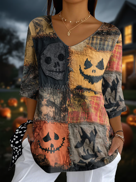

Vintage Halloween Crew Neck Three Quarter Sleeve T-shirt, As picture, T-shirts