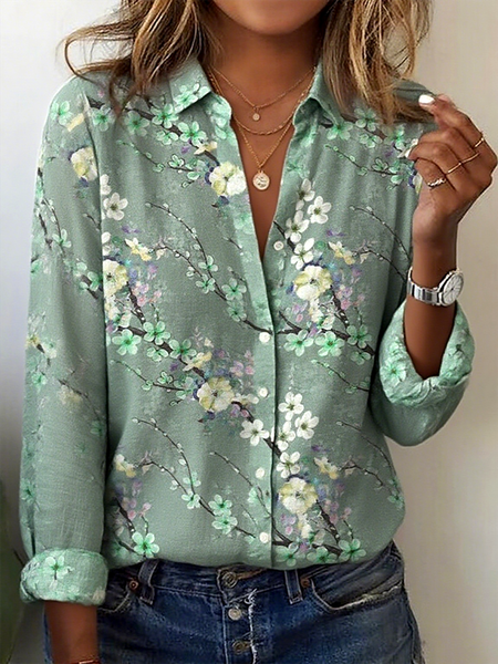 

Shirt Collar Long Sleeve Floral Regular Loose Shirt For Women, Green, Shirts