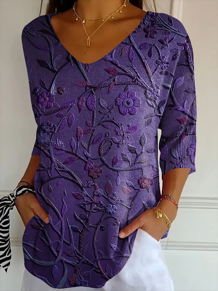 

Women Floral Three Quarter Sleeve Tee T-shirt V Neck Printing Casual Spring/Fall Graphic Tee Top, Purple, T-Shirts