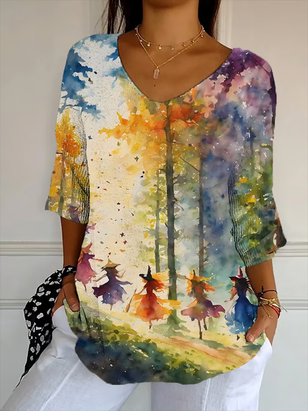 

Vintage Halloween V Neck Three Quarter Sleeve T-shirt, Color3, T-shirts