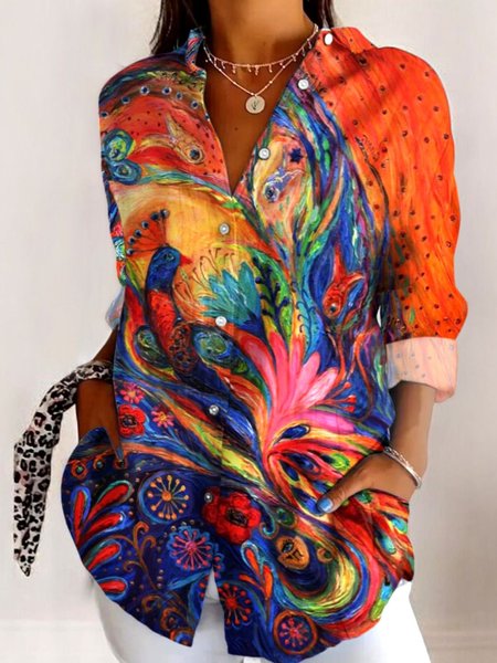 

Women's Shirt Cotton Button Up Peacock Art Print Basic Blouse Casual Long Sleeve Shirt Collar Daily Top, Multicolor, Shirts