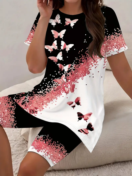 

Women Butterfly Printing Two-Piece Set Daily Short Sleeve Casual Summer Top With Pants Matching Set, As picture, Suit Set