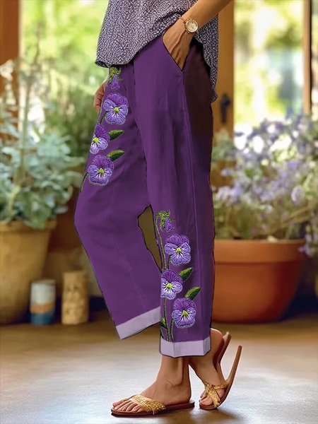 

Women Floral Long Pants Casual Spring/Fall Trousers, Purple, Pants