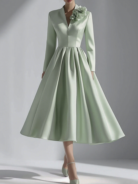 

Elegant Plain 3D Floral V Neck Midi Dress, Green, Midi Dresses