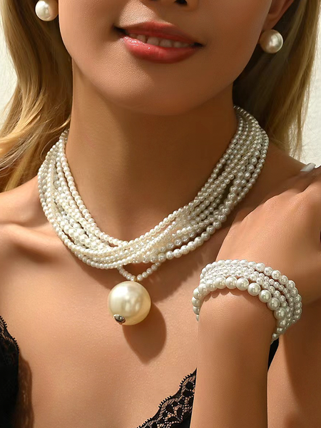 

Pearl necklace and bracelet set, White, Necklaces
