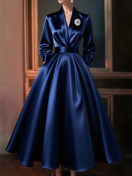 

Elegant Plain Satin V Neck Midi Dress With Brooch, Navy blue, Maxi Dresses