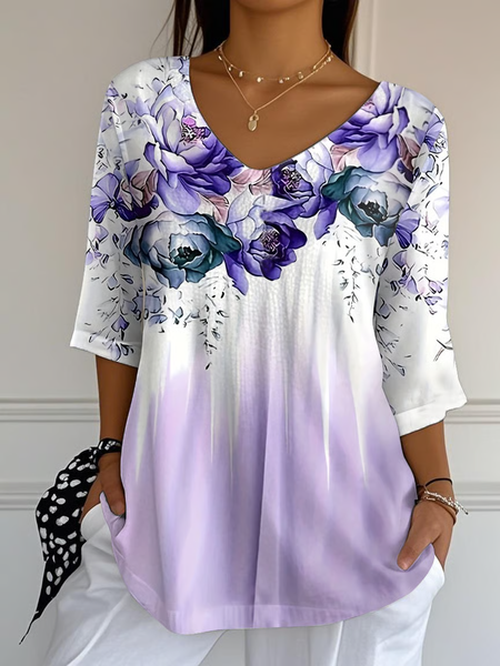 

Women Floral Three Quarter Sleeve Tee T-shirt V Neck Printing Casual Spring/Fall Graphic Tee Top, Purple, T-Shirts