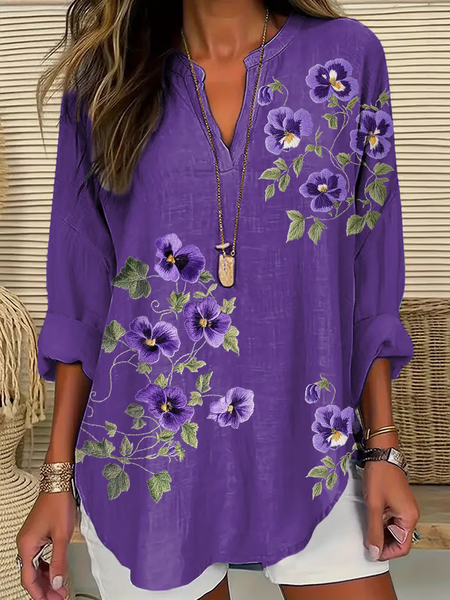 

Women Floral Long Sleeve Blouse Spring/Fall Printing V Neck Daily Casual Top, Purple, Shirts
