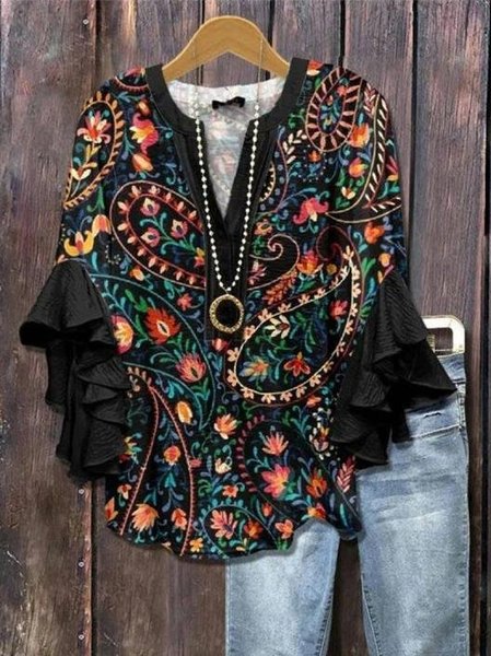 

V Neck Half Sleeve Floral Regular Loose Shirt For Women, Color5, Blouses