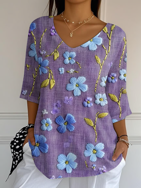 

Women Floral Three Quarter Sleeve Tee T-shirt V Neck Printing Casual Spring/Fall Graphic Tee Top, Purple, T-Shirts