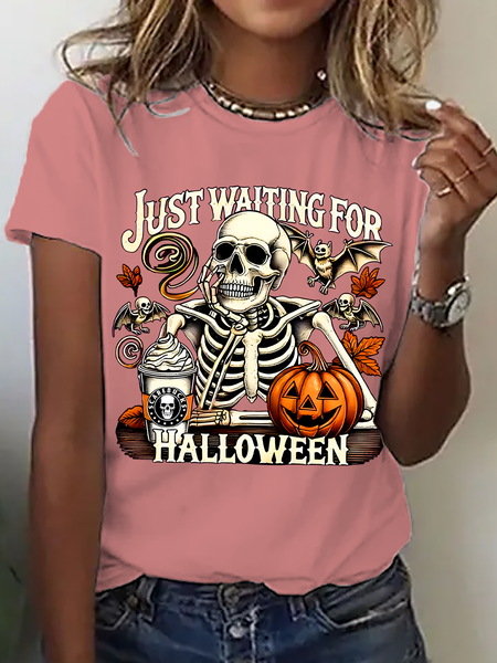 

Casual Halloween Crew Neck Short Sleeve T-shirt, Orange pink, T-shirts