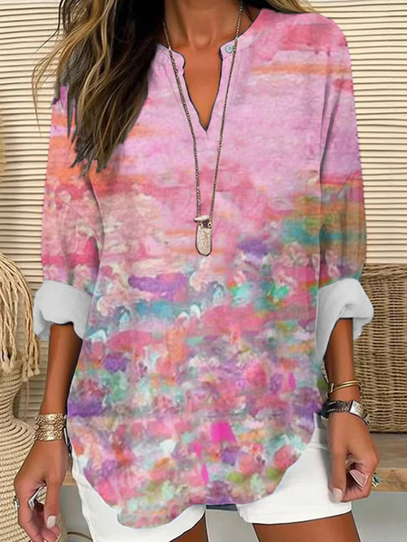 

Women Abstract Long Sleeve Blouse Spring/Fall Printing V Neck Daily Casual Top, Pink, Shirts
