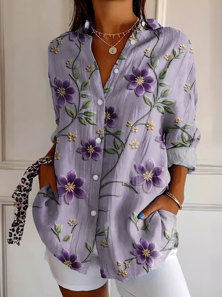 Women Floral Long Sleeve Shirt Spring/Fall Buckle Shirt Collar Regular Sleeve Daily Casual Top