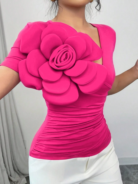 

Urban Slim Fit 3D Floral V Neck T-shirt, Pink, Tees