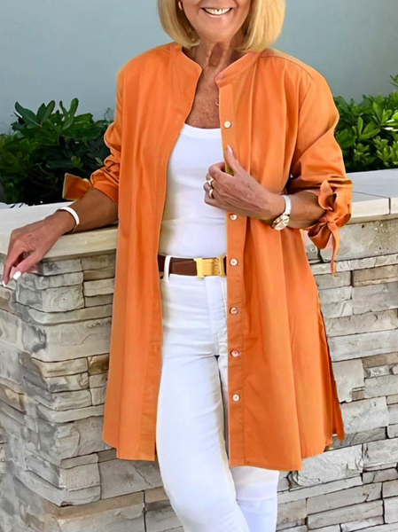 

Women's Shirt Jacket Single-Breasted Temperament Commuting Solid Color Long-Sleeved Cotton Cardigan, Orange, Blouses & Shirts