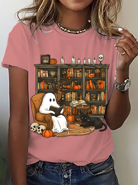 

Women Halloween Short Sleeve Tee T-shirt Crew Neck Casual Summer Top, Orange pink, T-Shirts
