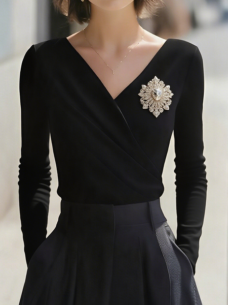 

Elegant Plain V Neck Blouse With Brooch, Black, Blouses and Shirts